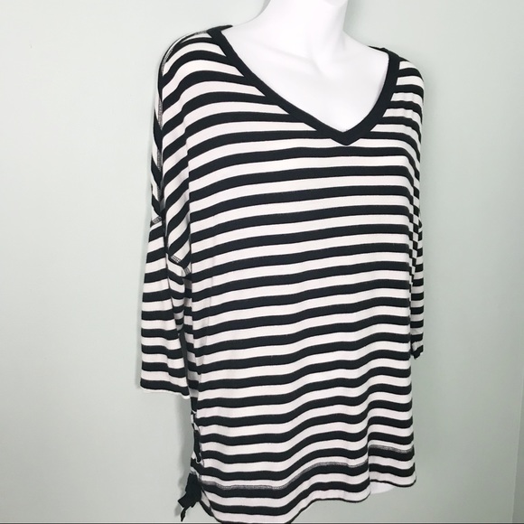 2/$22 Sunday Nautical Stripe W/Lacing V Neck Top - Picture 2 of 5